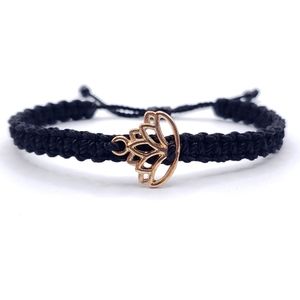 Lotus flower bracelet, black string braided bracelet, gold color lotus flower